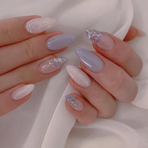 Light Blue Press on Nails Short with Glitters Design Almond Glitter Blue Nails5