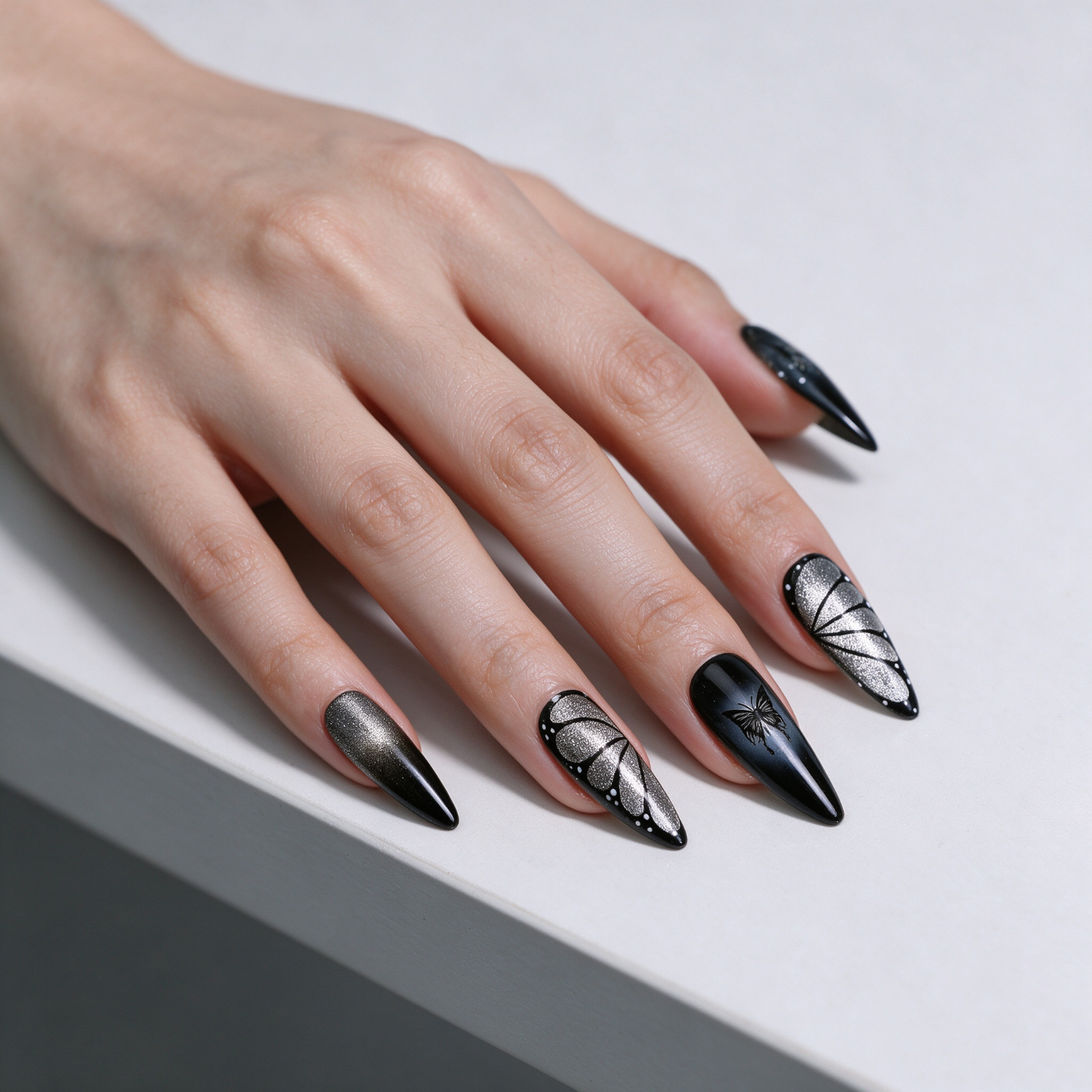Press On Nails Long Stiletto Black Silver Butterfly Wing Glitter Gothic Nail Set