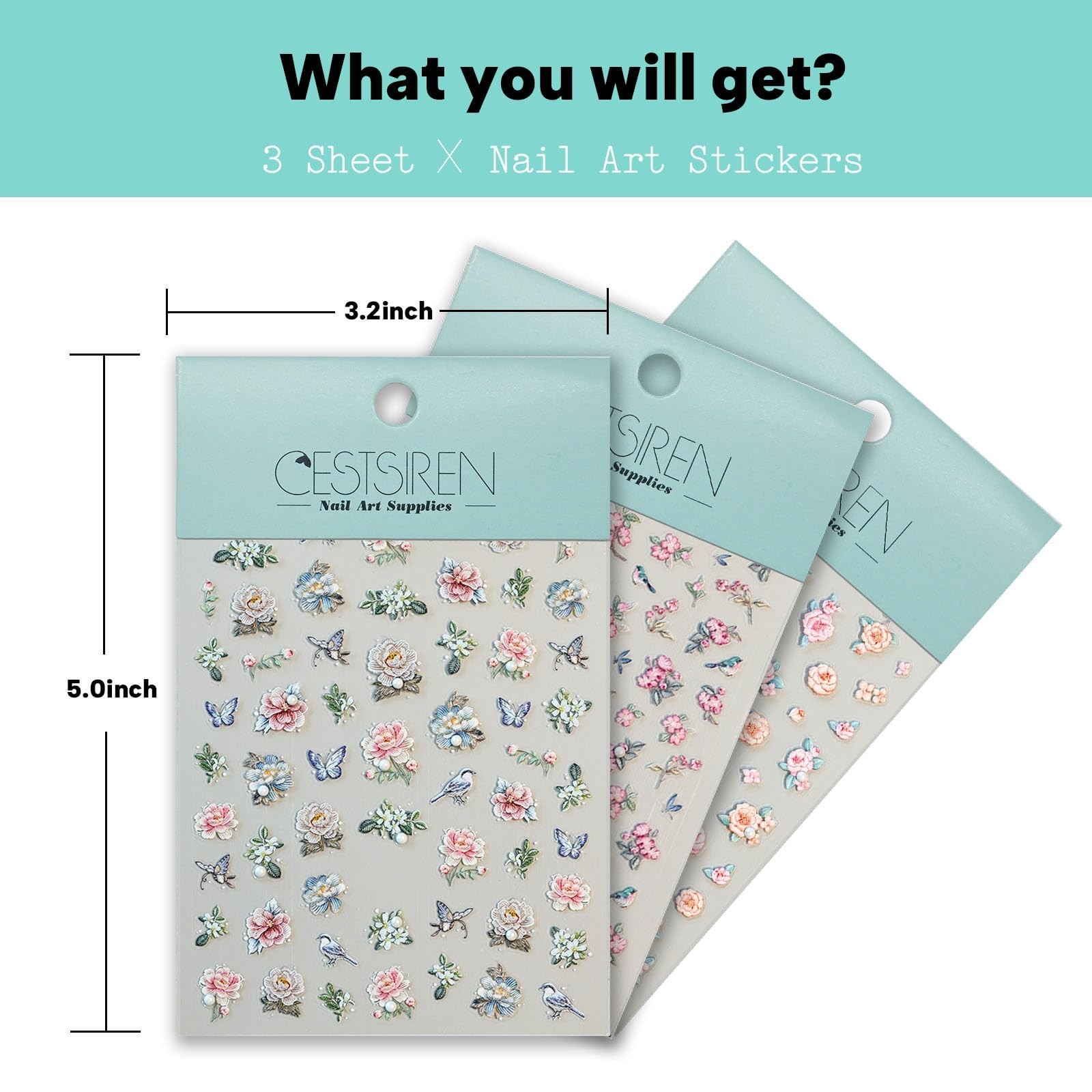 Flower Rose Bird Nail Art Stickers Pearl Rhinestones Embossed Vintage Nail De…