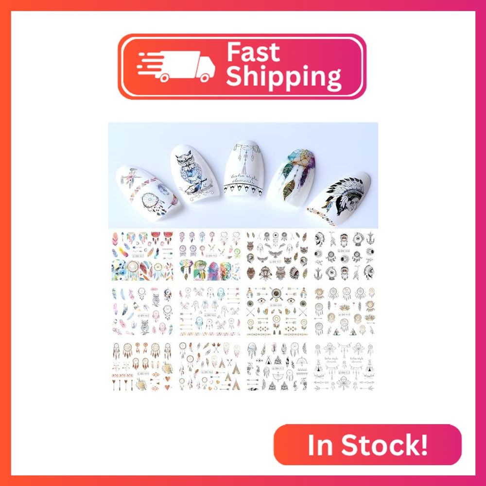 12 Sheets Feather Nail Art Stickers Decals Water Transfer Arrows Nail Decals Col