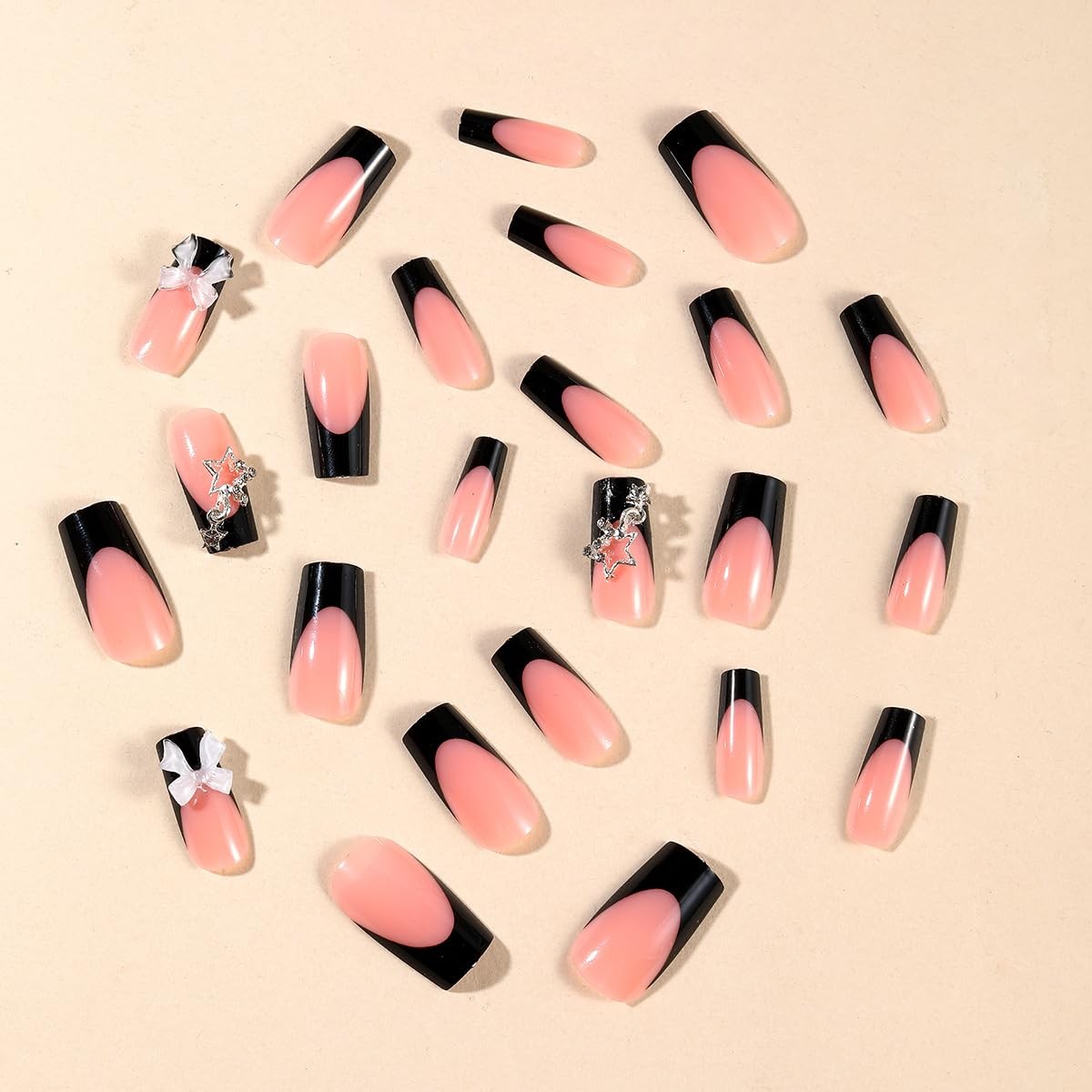 24pcs Long Press on Nails Square French Tip Fake Nails with Bow Charms Design…