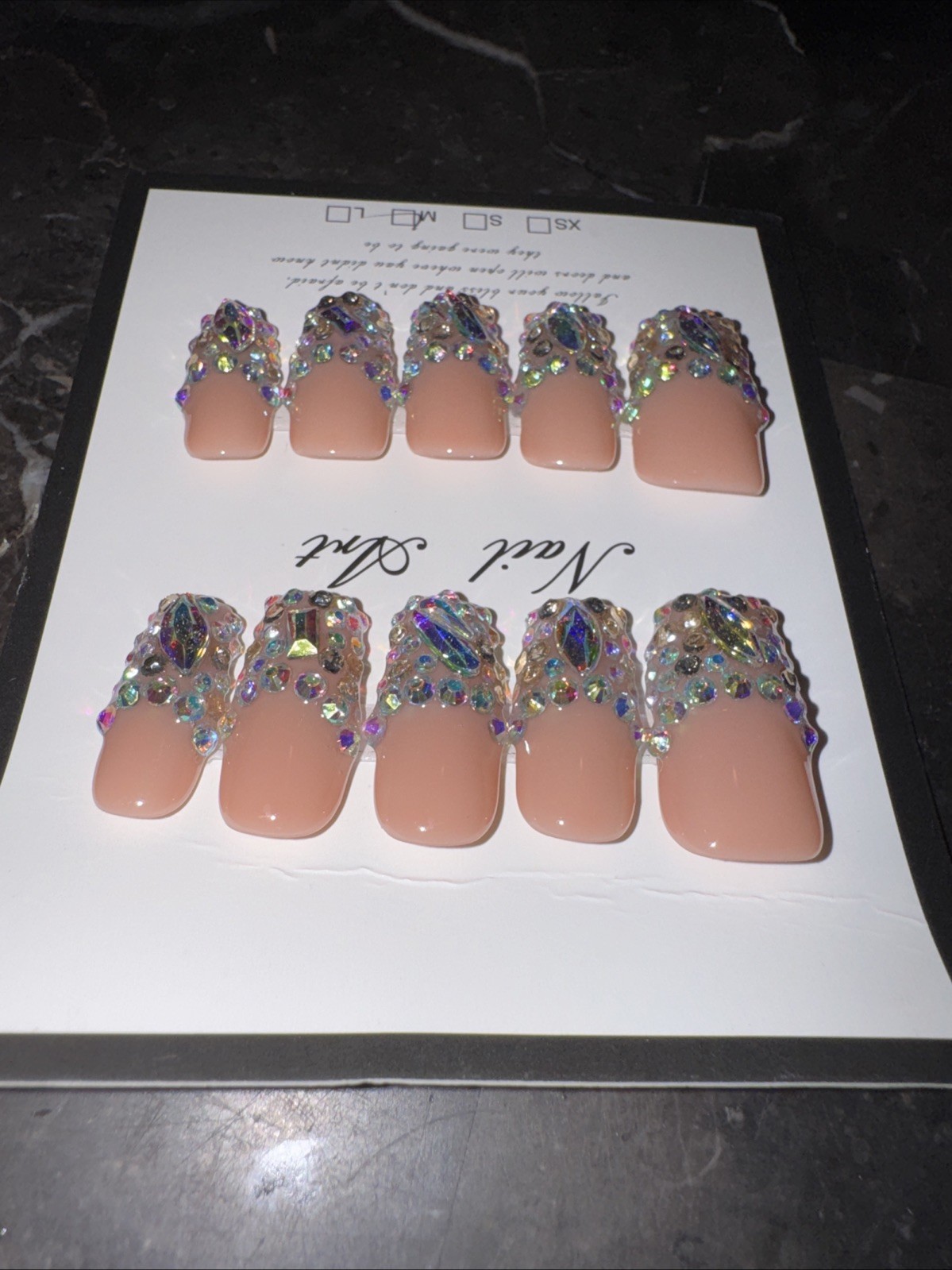 Handmade Glam Press On Nails Medium Square Rhinestone Set w/ Nail Kit Reusable