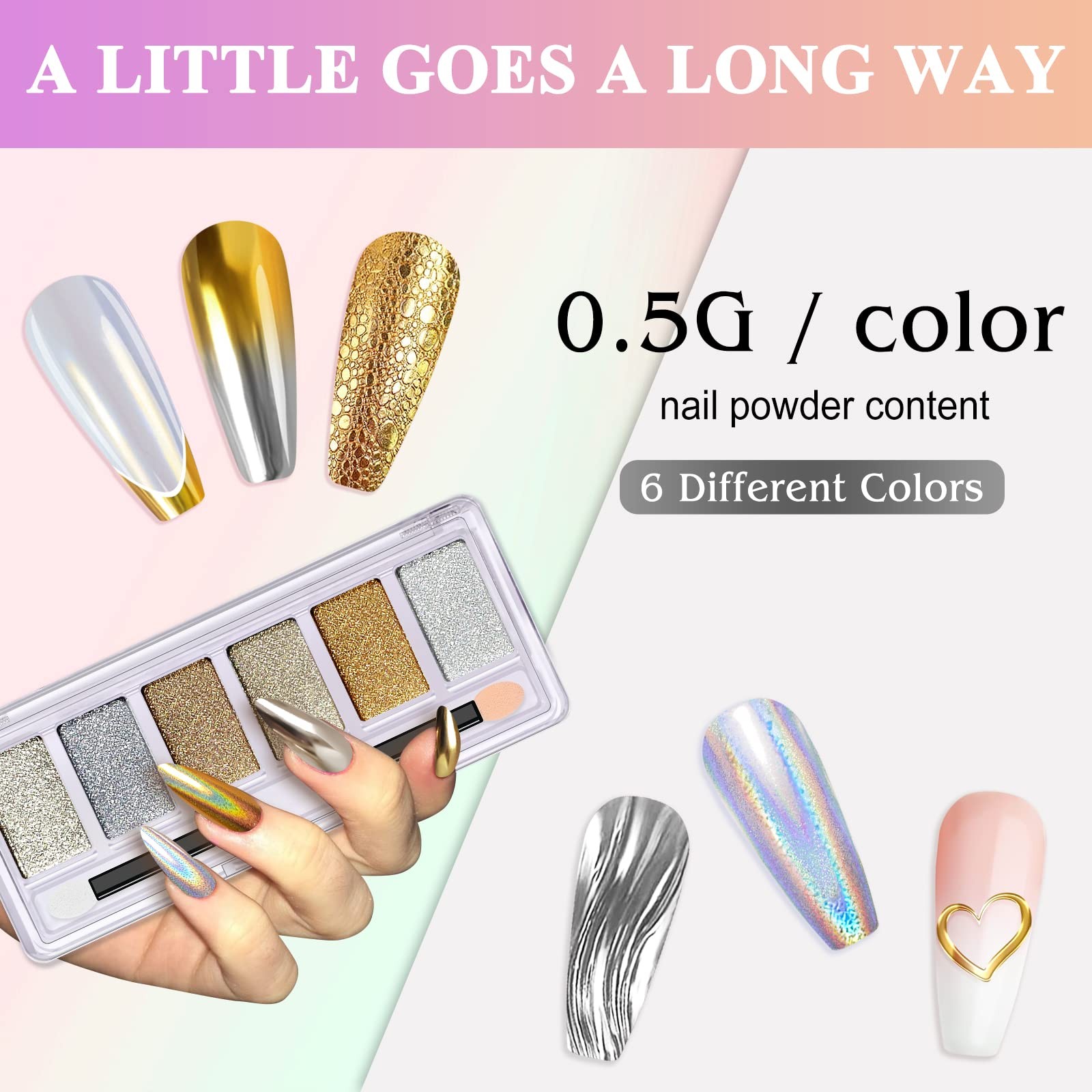 Gold Silver Chrome Nail Powder, 6 Colors Holographic Unicorn Iridescent Nail …