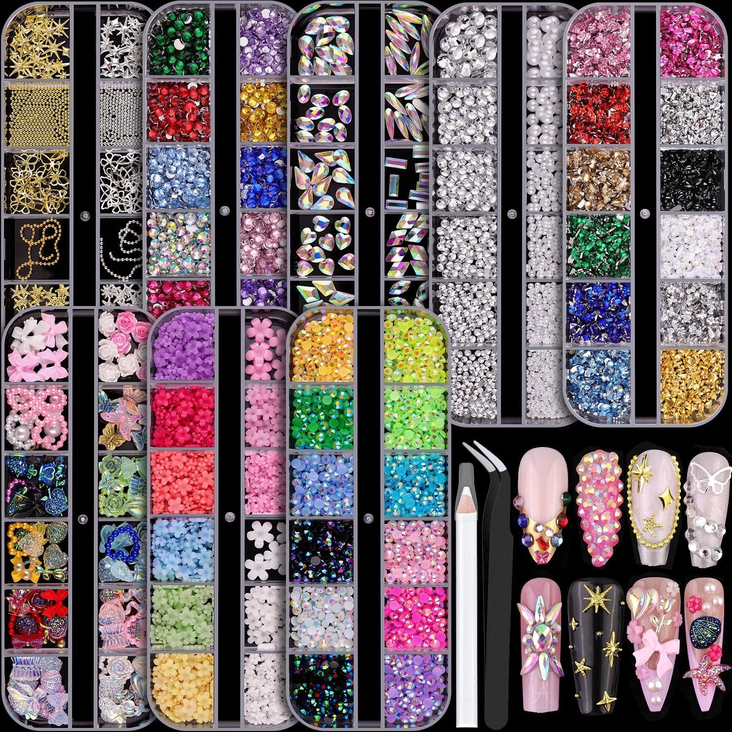 8 Boxes Nail Charms and Gems for Manicure, Flat Pearls Nail Flowers Nail Rhinest