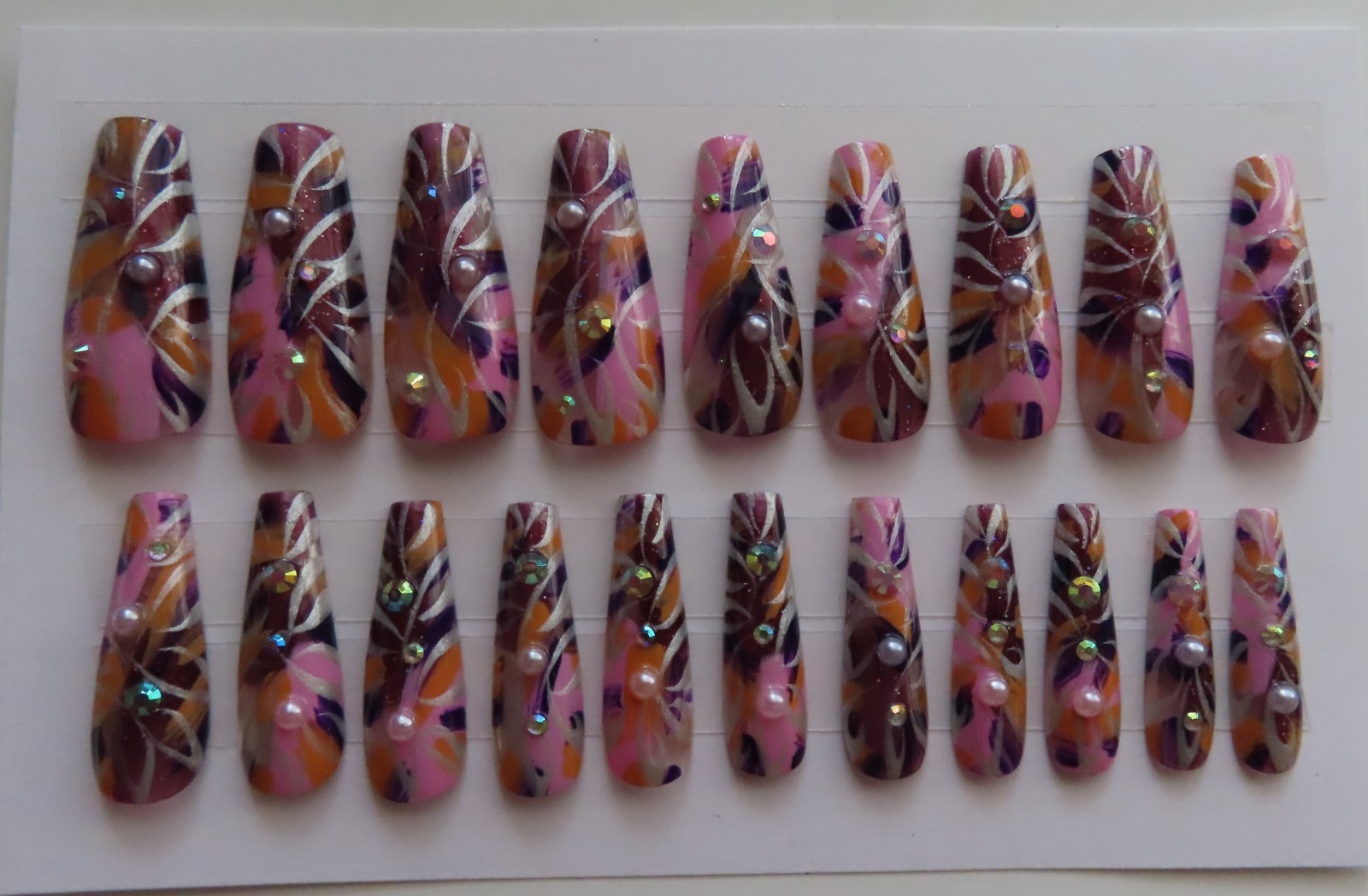 (2) Set Pink Blue French Pearl Tip | Pink Pearl Abstract Coffin Press-On Nail