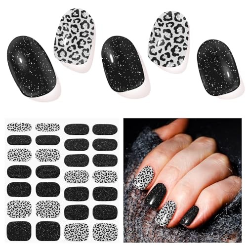Semi Cured Gel Nail Strips, 28pcs Nail Polish Art Stickers Wraps | Gel Black