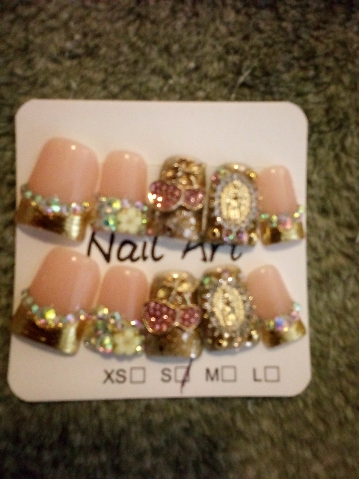 3D Shiny Press-On Nails Pink Gold Short Square Pre-Designed Full Cover Y15