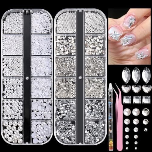 Flatback Rhinestones and Pearls Nail Charms, 2 Boxes Small Nail Gems and
