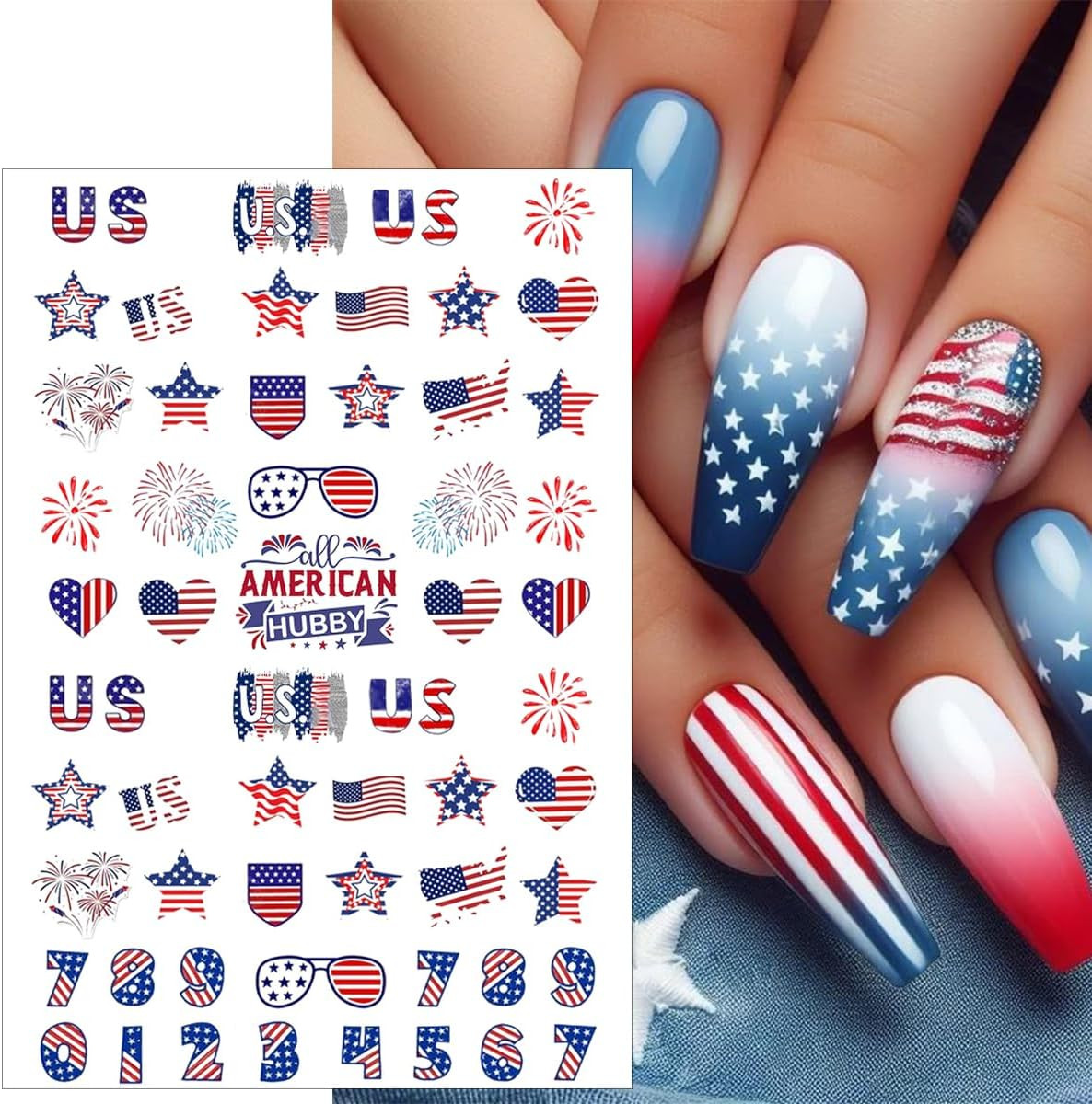 6 Sheets 4Th of July Nail Stickers for Nail Art 3D Self Adhesive Independence Da