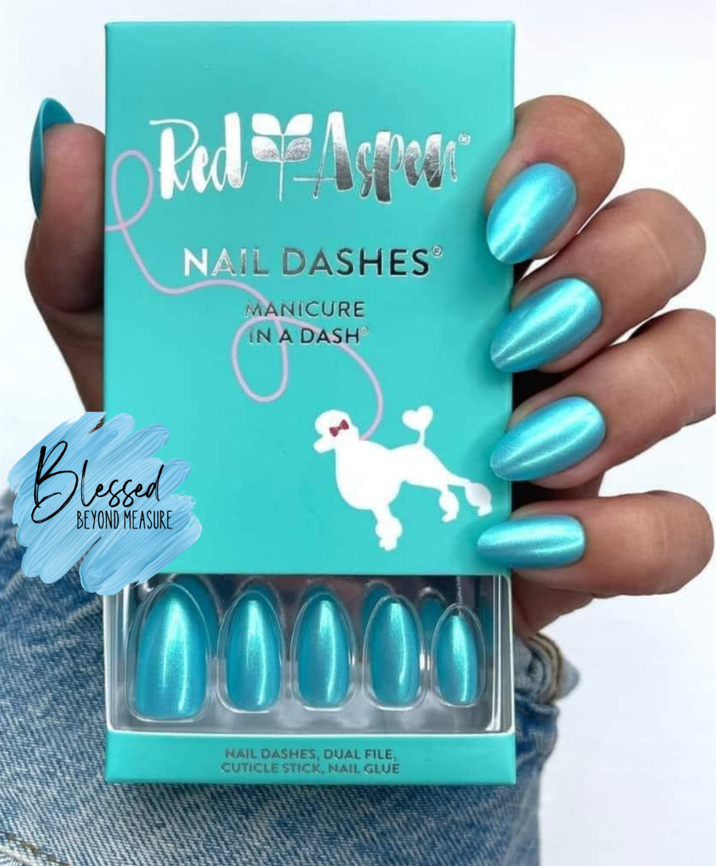 Red Aspen Press On Nails~Doris’s Teal Poodle Skirt ~Amond ~Medium~ Teal Blue
