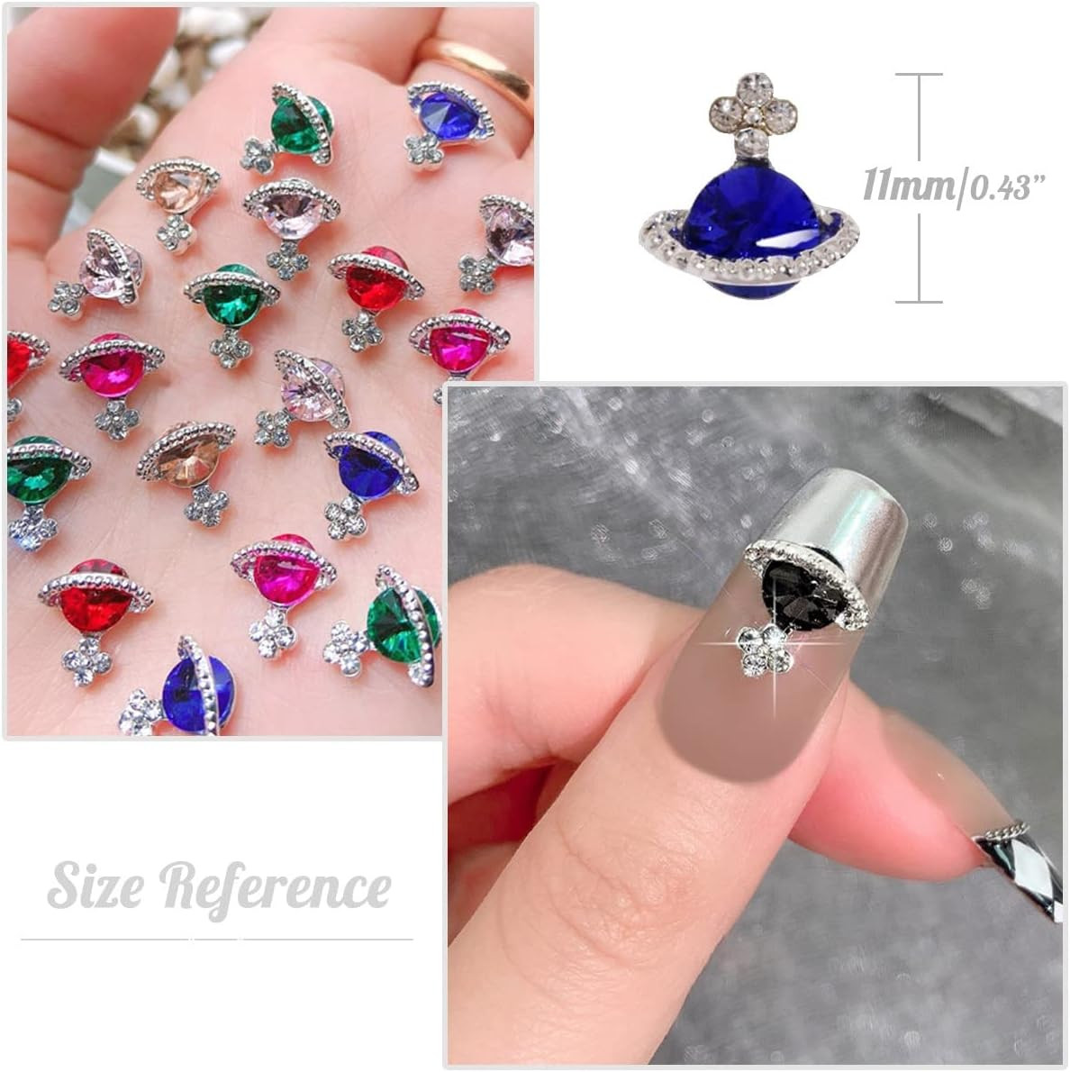 Planet Nail Charms, 54 Pcs 3D Nail Rhinestones Shiny Silver Saturn Shape, Nail A