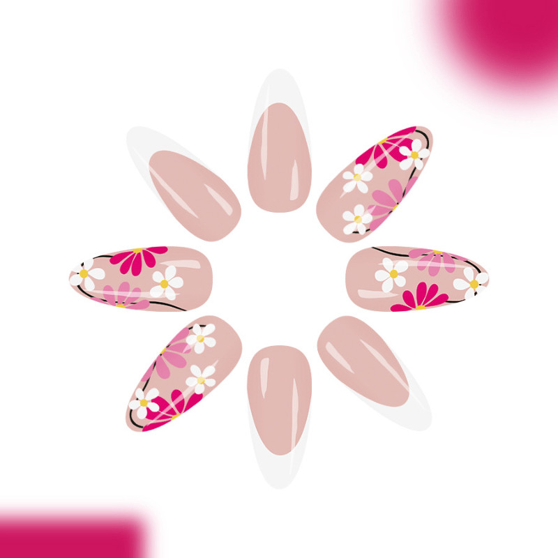 48 pieces of medium long almond nail pink daisy French style nail art