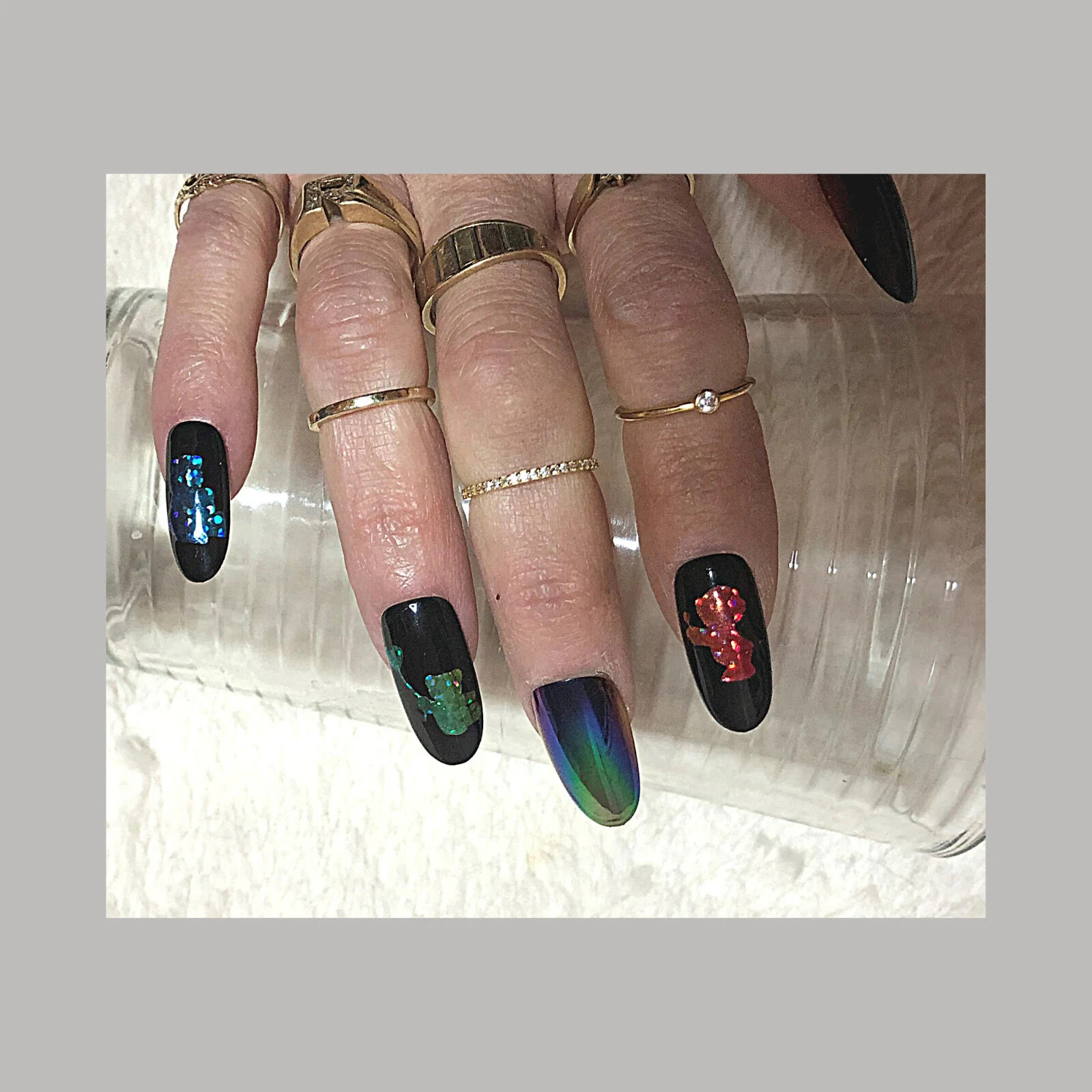 Rainbow Bears and Holo Aurora Press-On Nail Set – Long Round (Size 0-8)