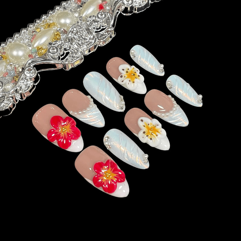 Handmade 3D Flower Pearl Rhinestone Press on Nails Medium Almond Nude Blue Ombre