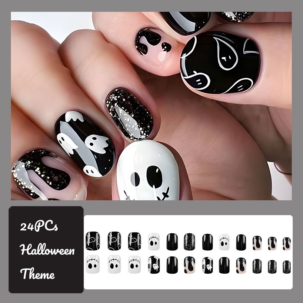 Black&White Cute Halloween Press on Nails Short Fake Nails,24Pcs Almond Nails