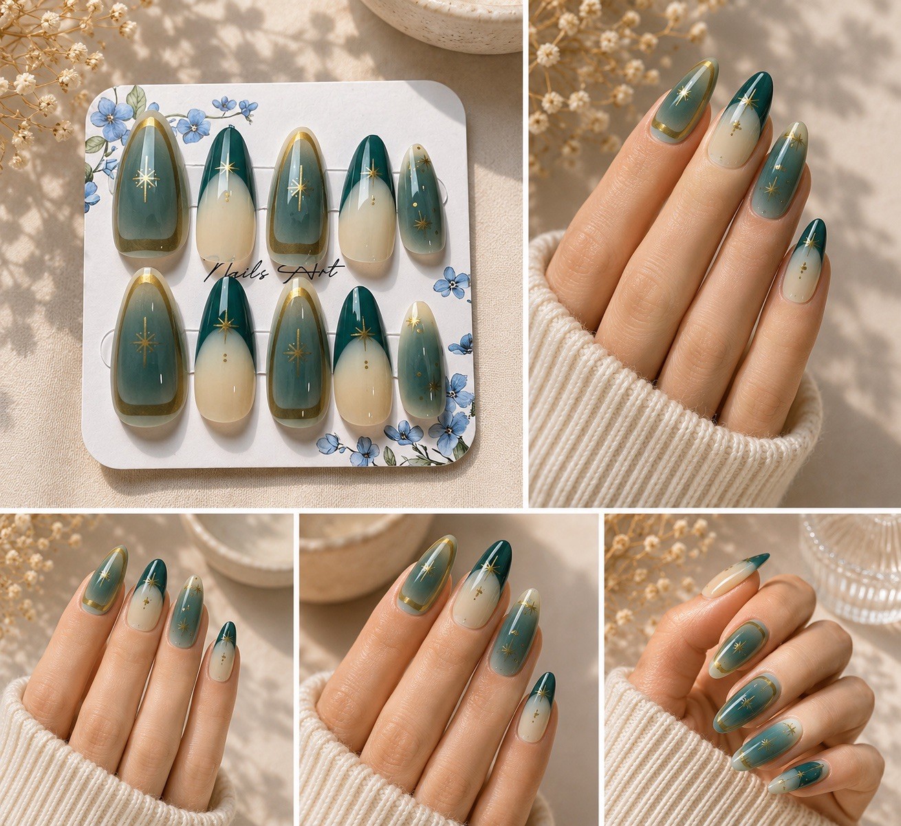 24 pc Green & nude ombre meduim length press on nails with gold stars