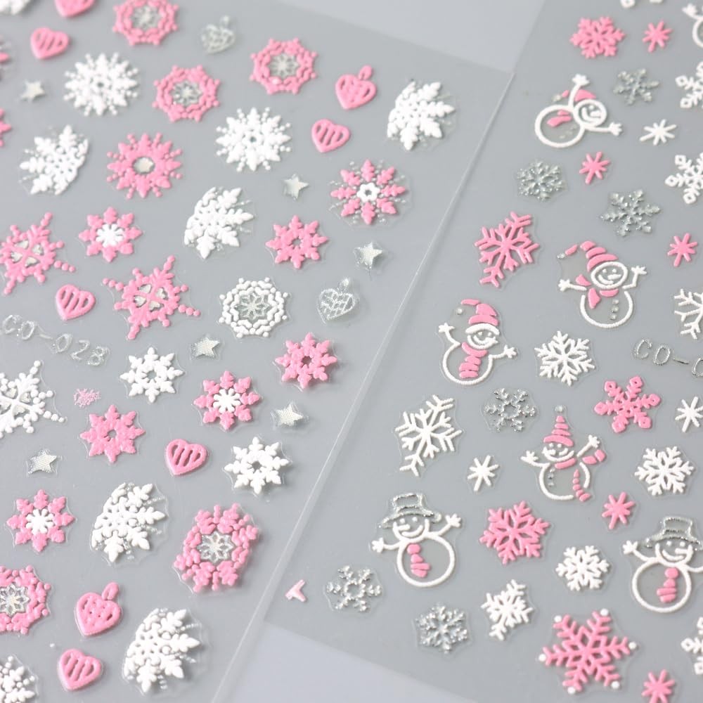 Christmas Nail Art Stickers, 8Sheets 5D Embossed Snowflake Nail Decals Pink Whit