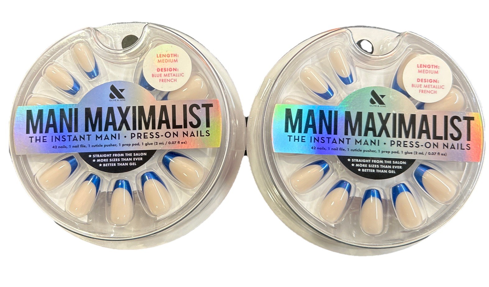 2 Sets Of Olive & June Instant Mani Press-On Nails Medium Blue Metallic French