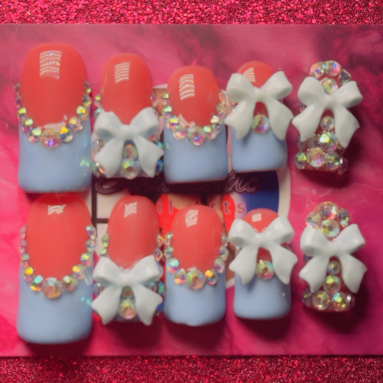 Baby Blue 3D Bow Crystal Press-On Nails Short Square 10pcs