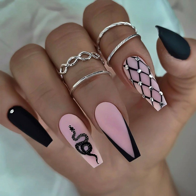 Gothic Nail with Nude Pink Base, Black French Tips and Rhinestone Lattice Design