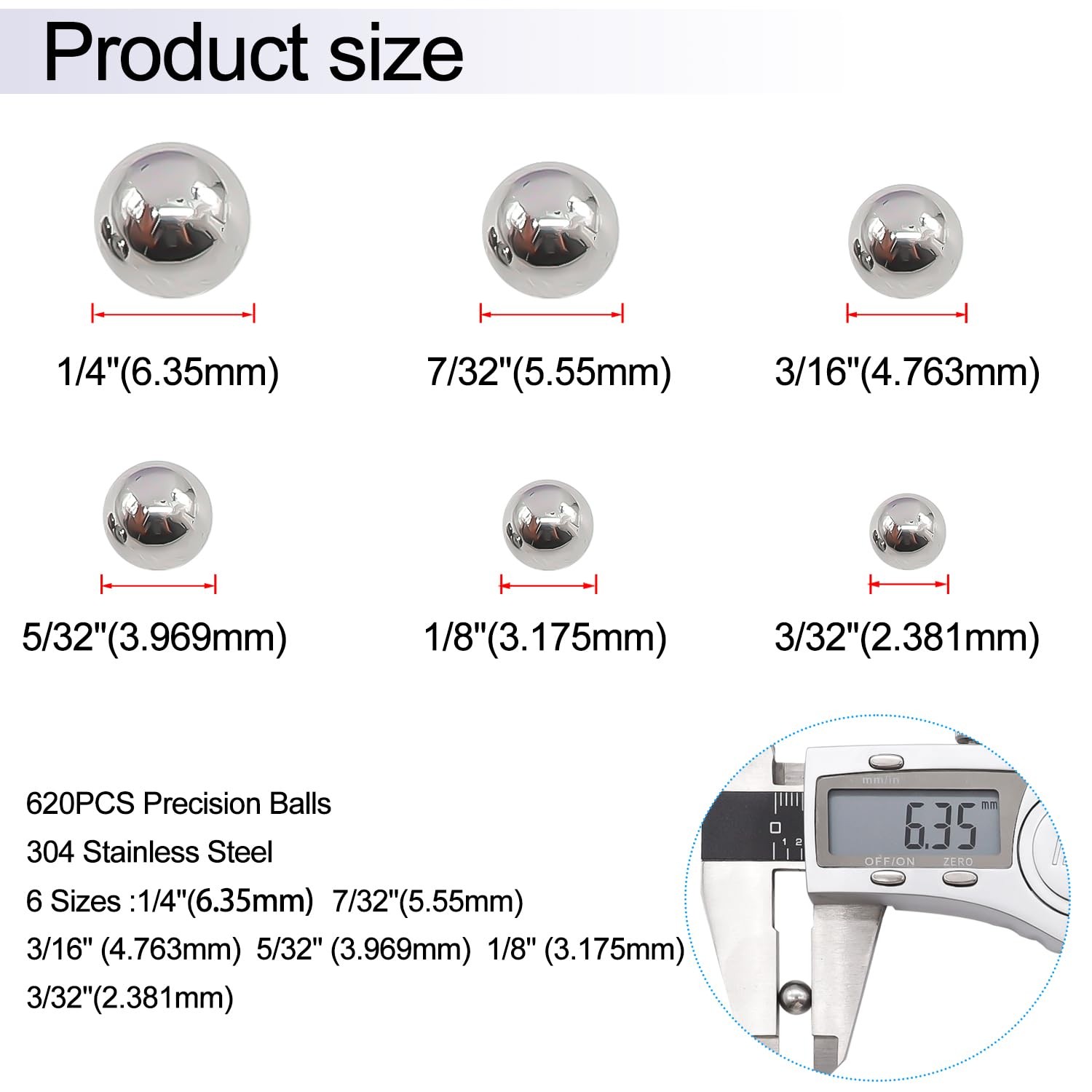 620PCS 304 Stainless Steel Precision Balls,Bicycle Bearing Balls Assortment K…