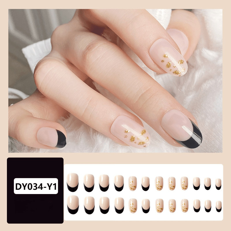 48 Pcs Nude Black Gold Foil Press on Nails, Short Oval French Style Fake Nails