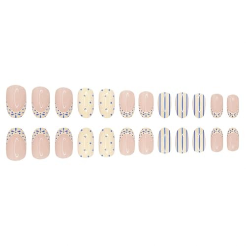 French Tip Press on Nails Short Almond Fake Nails with Blue Polka Dots Blue-21