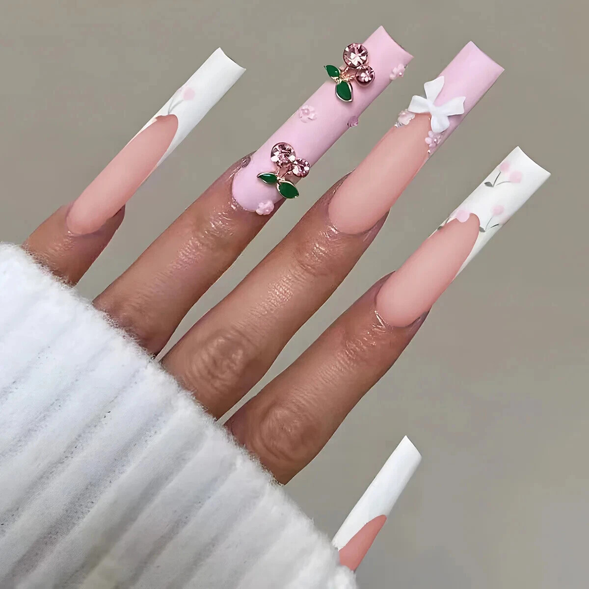 24Pcs Extra Long Square Fake Nail with Glue 3D Little Bear Bow Design False Nail