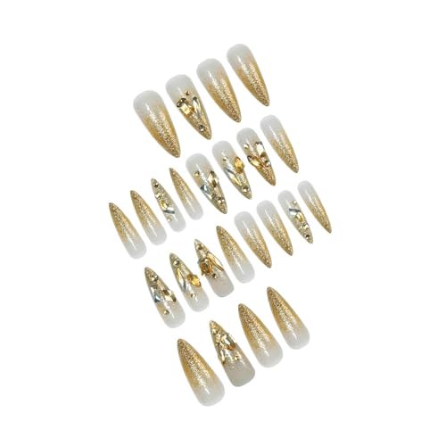 Long Stiletto Press on Nails French Tip Fake Nails Gold Almond Style 02-38