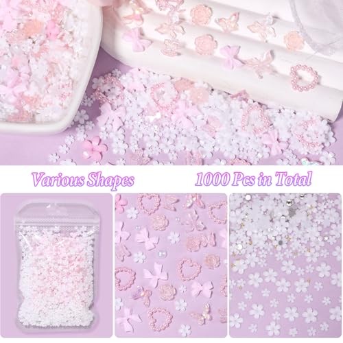 1000 Pcs White Flower Nail Charms, 3D Tiny Flowers Charms Set 3-White & Pink