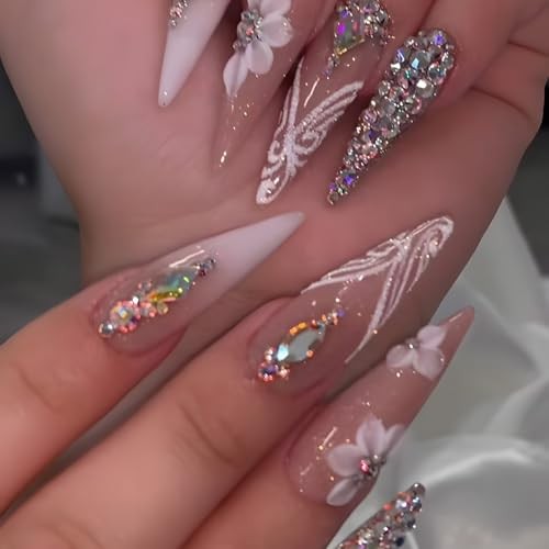 Long Press on Nails Almond Fake Nails Flower 1 Fl Oz (Pack of 1) Ombre White