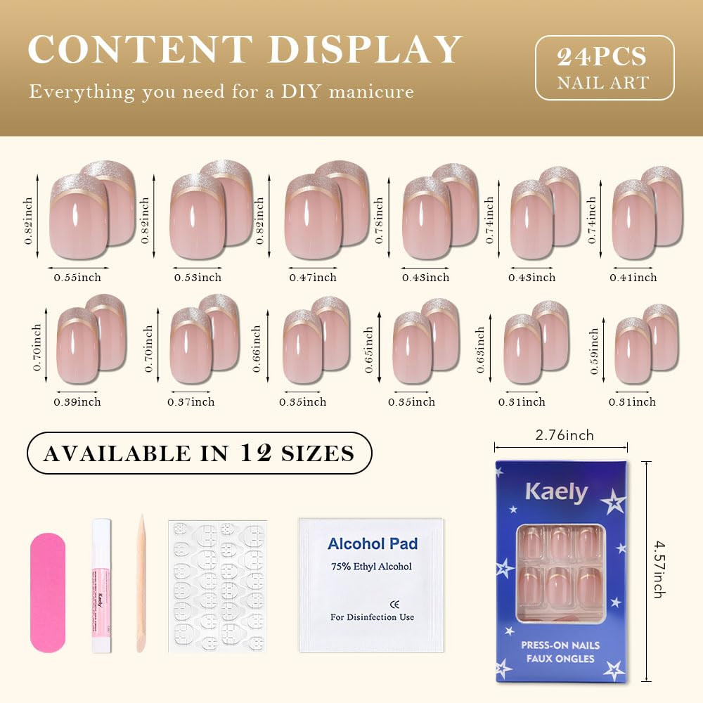 French Tip Medium Squoval (24 Count) Nude Pink + Gold Line & Cat Eye Tips