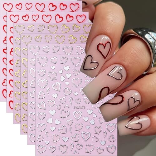 Valentines Nail Stickers for Nail Art Empty Heart Nail Decals 6PCS Red