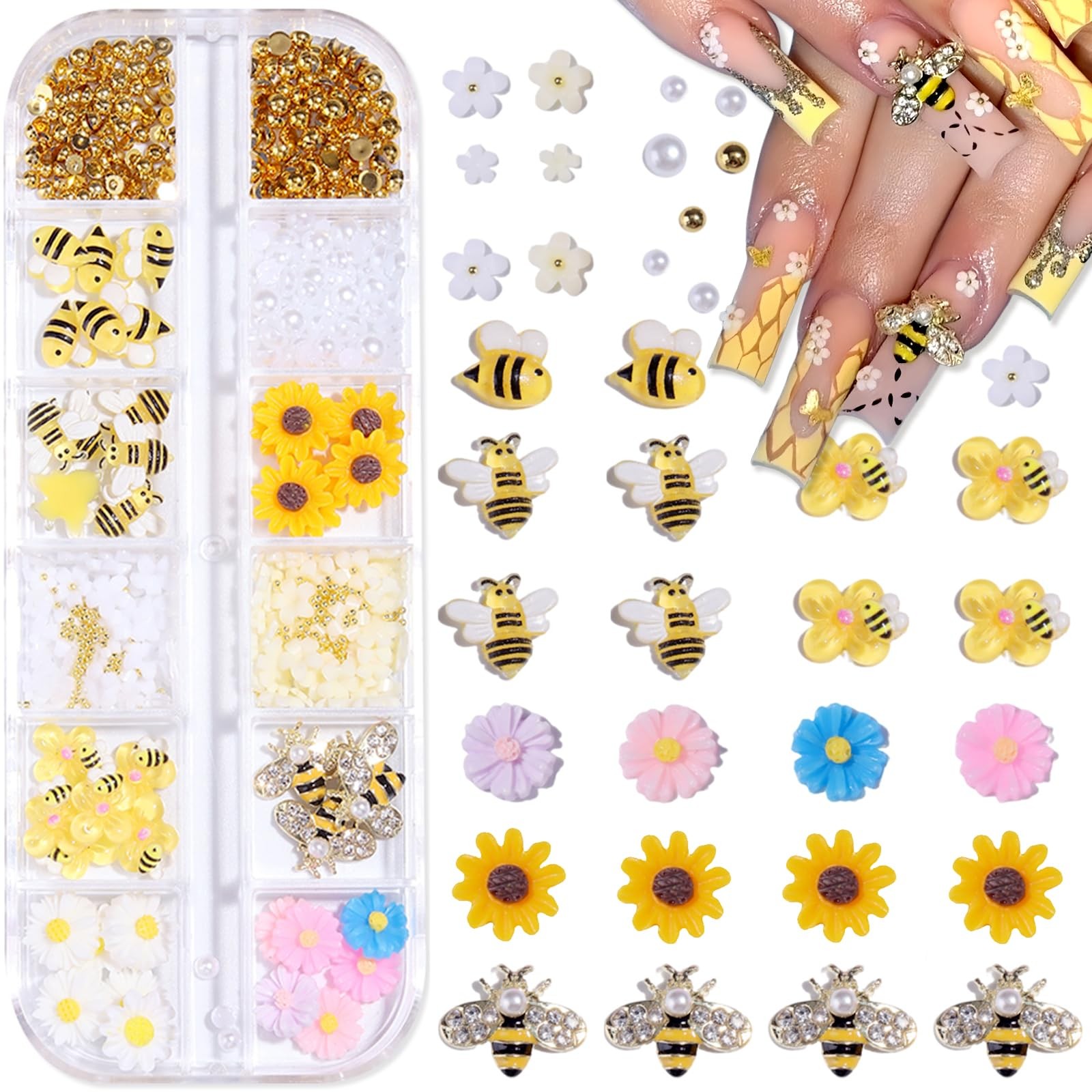 12 Grids Tiny Bee Nail Art Charms Cute Cartoon Bee Acrylic Sunflower Daisy Fl…