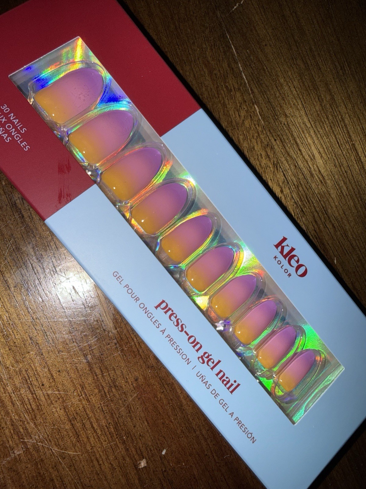 New Kleo Kolor Press-On Gel Nails – Long Almond Abstract Sunset