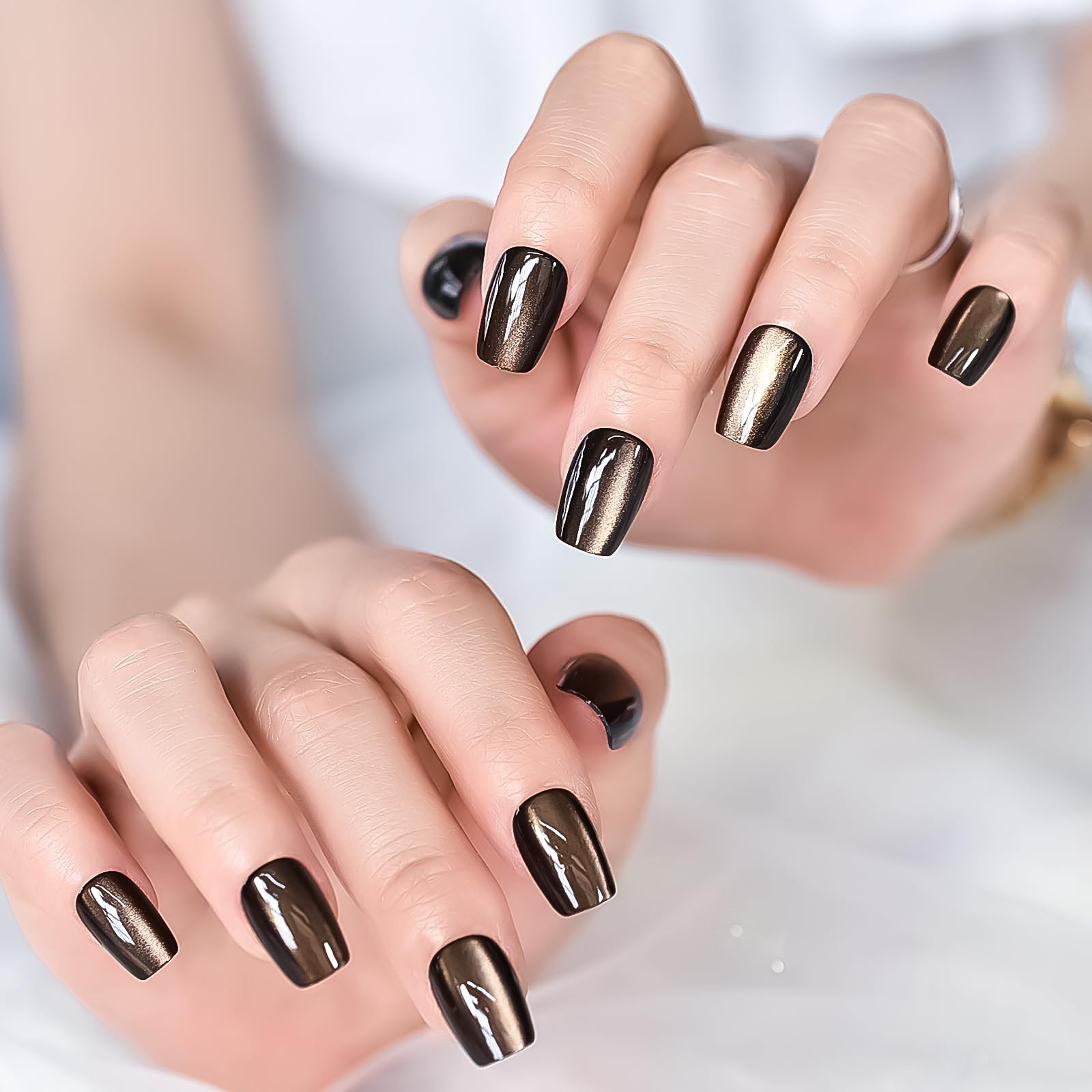 30pcs Glossy Black Brown Cat Eye Press On Nails Coffin Medium Length Nails Sa…