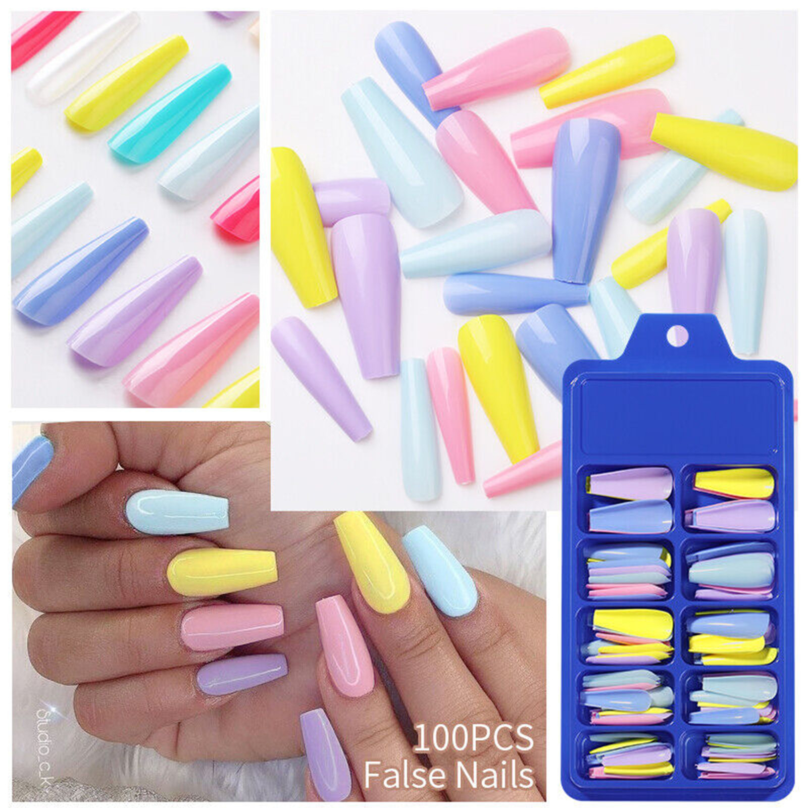 100PCS Fake Nails Wearable Colorful Designs Press Long Ballerina Coffin False US