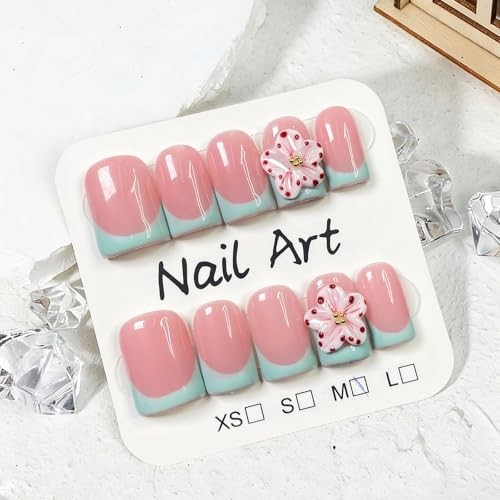 10 Pcs Handmade Press on Nails Short Square Fake Nails with 3D Handmade ss03