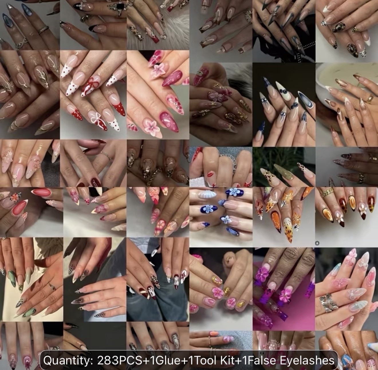 283pcs12bags Almond Press On Nails, Elegant French Style with Rhinestones, Heart