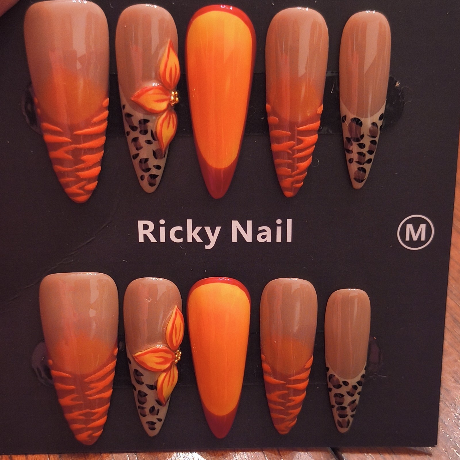 Ricky Nail Press-On Nails Long Coffin Orange Nude Leopard Shiny Full Cover Med