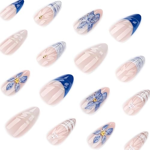 Almond Nails – 24PCS Blue and White Floral – 32 French Blue Flowers