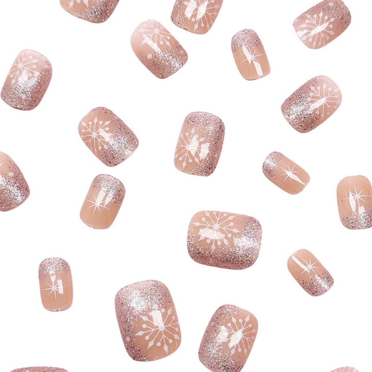 24Pcs Christmas Press on Nails Short Square Winter Snowflake Fake Multicolor