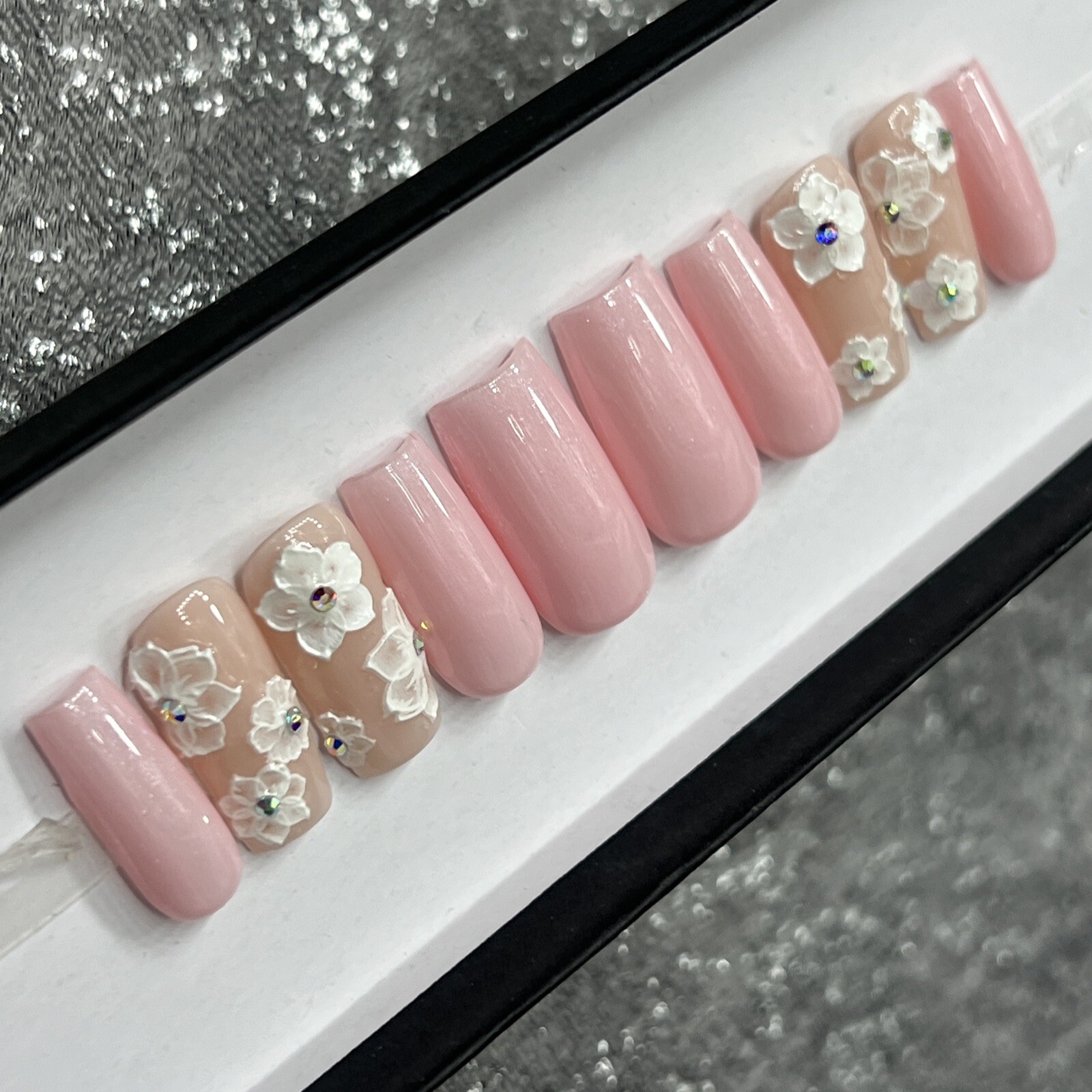 🤍 CUSTOM Hard Gel Press On Nails, Flower Pink Nude BLING 10p FULL SET W Kit