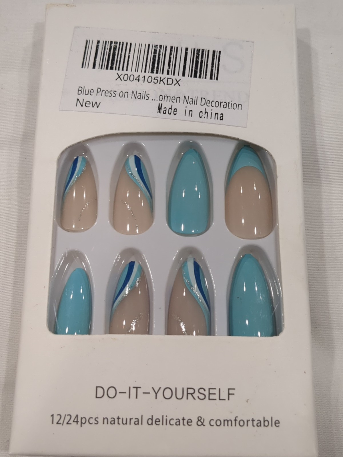 Medium Blue/Teal Wave Almond Press-On Fake Nails- 2 Kits- French Manicure 24pcs