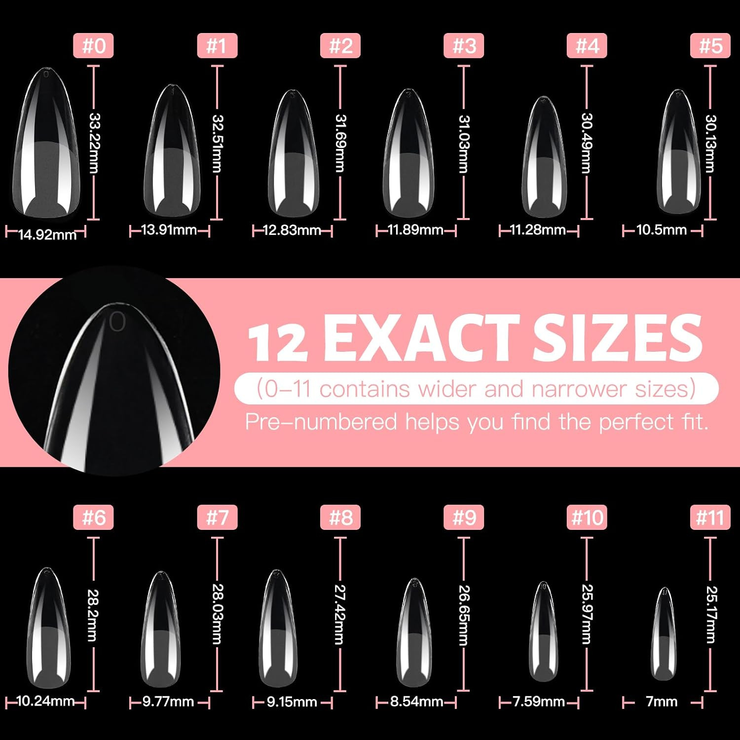 Long Almond Nail Tips: 240PCS Soft Gel Nail Tips Pre Etched Fake Nails, 12 Sizes