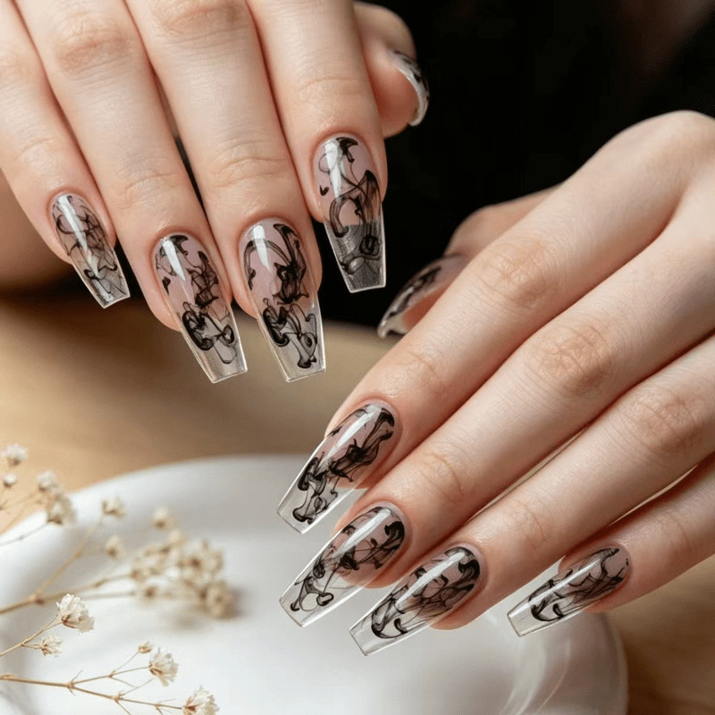 48pcs Long Taper Press on Nails, Clear Black Ink Smoke Gothic Gloss Nails