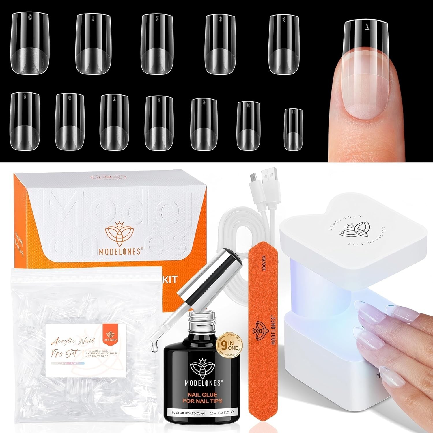Gel X Nail Kit, Gel x Nail Tips Medium Square, 9-in-One Nail Glue & Portable U V
