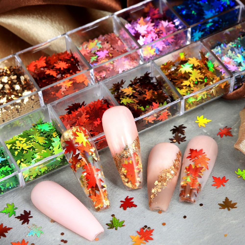 12 Grids Maple Leaf Nail Art Sequins Autumn Glitter Flakes Nails Decoration