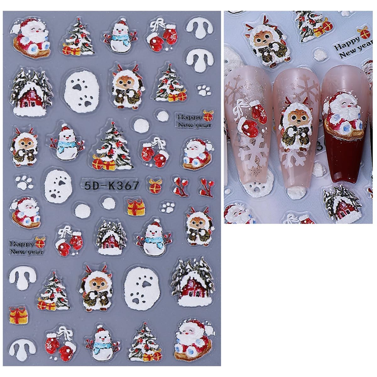 2 Sheets Embossed Christmas Nail Stickers for Nail Art Santa Claus Snowman Na…