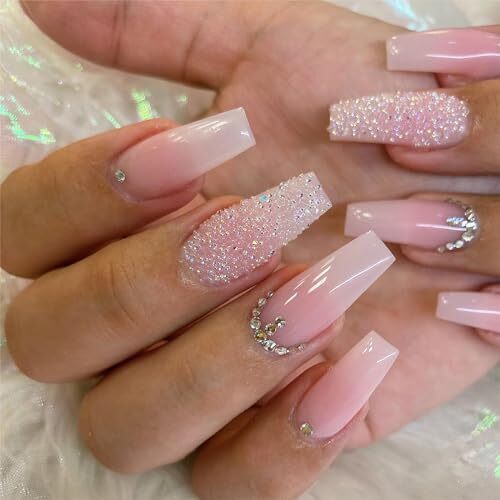 Pink Press on Nails Long Square Coffin Fake Nails Pink White 3-Pink Gradient